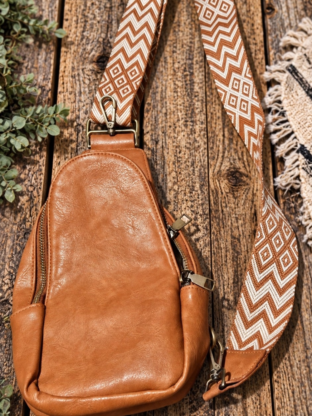Women's Tan Leather Crossbody Bag with Patterned Strap